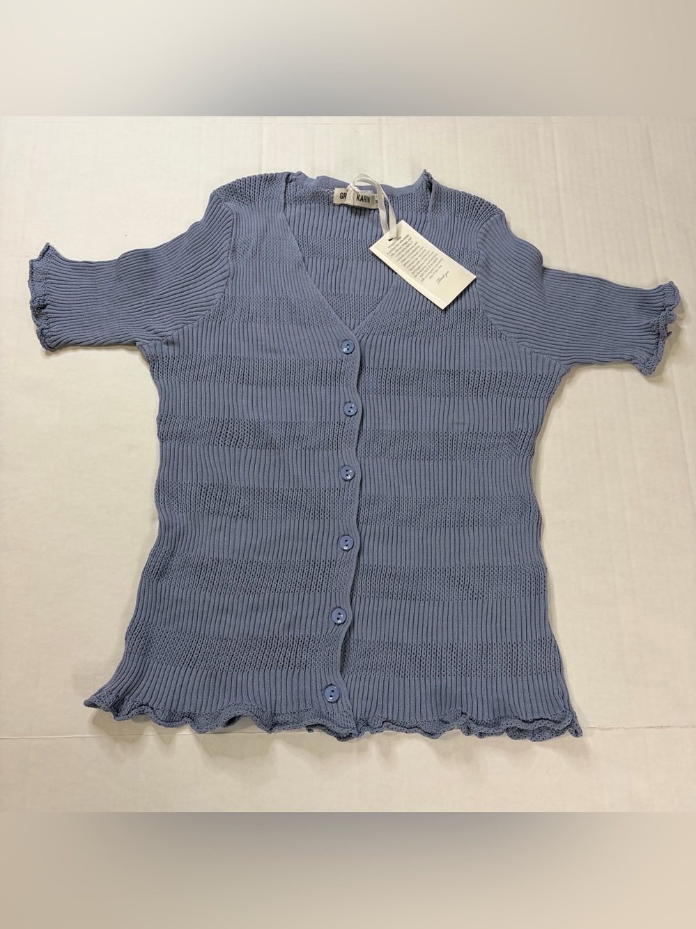 Grace Karin Blue Short Sleeve Ribbed Button Front Top